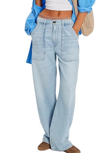 Women's Wide Loose Straight Leg Jeans Trendy High Waisted Jeans for Women Baggy Denim Pants with Pockets