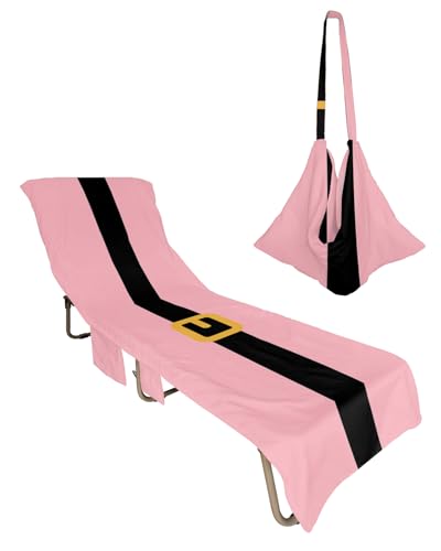 Pink Christmas Beach Lounge Chair Towel Cover, Soft Chaise Lounge Towel with Side Pockets Patio Pool Chairs Cover for Beach/Pool Sunbathing 29x85 Xmas Santa Belt Merry Christmas