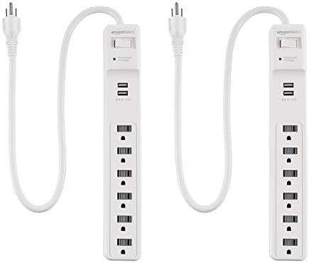 Amazon Basics 6-Outlet Surge Protector Power Strip, 2 USB Ports, 2 Ft Cord – 500 Joule, White, 2-Pack Amazon Basics 6-Outlet Surge Protector Power Strip, 2 USB Ports, 2 Ft Cord – 500 Joule, White, 2-Pack