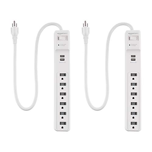Amazon Basics 6-Outlet Surge Protector Power Strip, 2 USB Ports, 2 Ft Cord - 500 Joule, White...