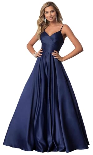 Fu Jiang Spaghetti Straps Prom Dresses for Women 2025 Long Satin Ball Gown Pleated Formal Evening Gown with Pockets