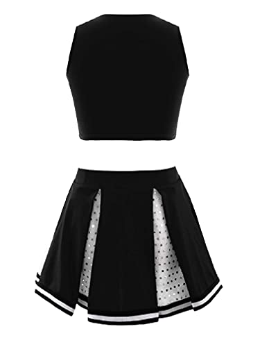 Renvena Girls Cheerleading Dance Outfits Crop Top Pleated Skirts Sets Kids Halloween Dancewear Costume Black 14 #TOP1