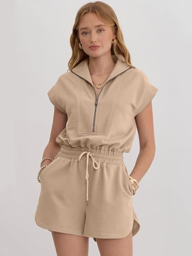 Image of Rompers for Women Summer Short Sleeve Half Zip Lapel Collar Jumpsuit Casual Drawstring One Piece Outfits with Pockets