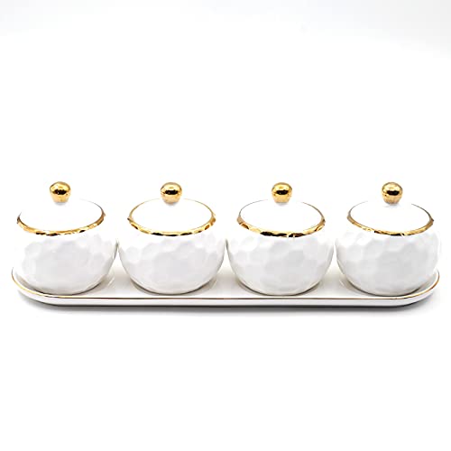 TBLOTYD Spice Bottles Spice Jars Ceramic Sugar Bowls Condiment Pots Spice Jars Seasoning Box Set with Lid Spoon and Tray-Sets of 4 Seasoning Jars,White-B