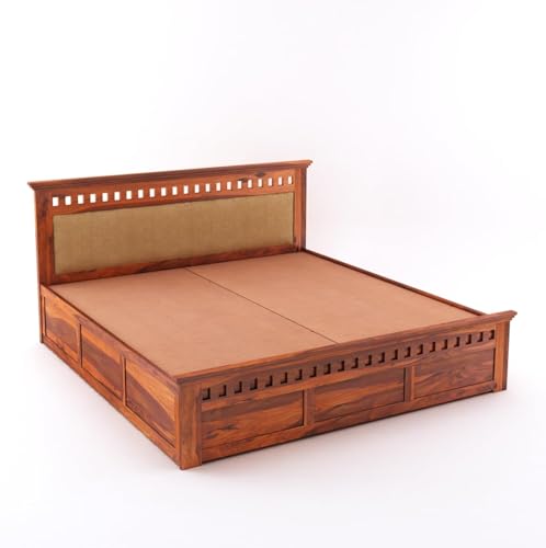 Image of Solid Sheesham Wood King Size Box Storage Bed Home | Wooden Double Bed Cot Palang for Living Room and Hotels (Cream and Honey) 1 Year Warranty