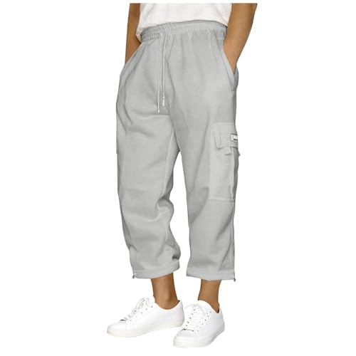 Men's Plus Size Capris Pants Casual Elastic Waist Athletic Cargo Trousers Solid Color Straight Legs Pockets Sweatpants