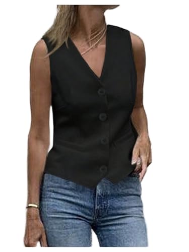 OYOANGLE Women's Button Front V Neck Blazer Vest Business Casual Dressy Suit Vests