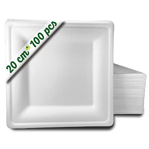 GoBeTree 100 Assiettes Jetables carrées 20 cm en Canne à Sucre Blanche, assiettes en papier jetables extra durables, Pour Camping, Pique-niques, Fêtes, Barbecues, Anniversaires