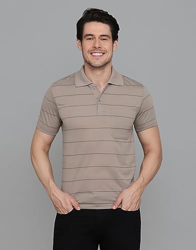 Image of INKKR Men's Striped Polo Neck Cotton Blend Multicolor T-Shirt