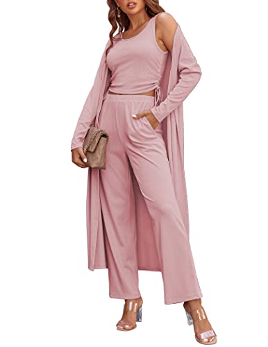 Image of Ekouaer Women's 3 Piece Lounge Set Pajama Long Sleeve Cardigan Sleeveless Top Pants Sweatsuit S-XXL