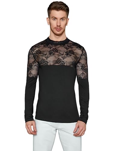 WDIRARA Men's See Through Floral Lace Mock Neck Long Sleeve Casual Tee Shirt Top