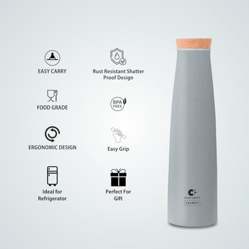 Image of Clay Craft Vacbott Crest Combo Set Single Walled Non Insulated Water Bottle, 900ml, with Single Walled Victor Mug Set of 2 (Grey) Steel Bottles for School, Office, Home, Gym, Leakproof, Rust Free