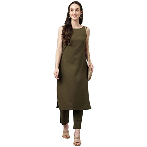 Image of FIORRA Women's Olive Green Rayon Straight Kurta with Pant