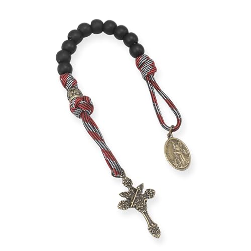 Nazareth Store Antique Bronze Strong One Decade Paracord Rosary Black Beads Pocket Car Rosary St Michael Medal & Archangel Cross2