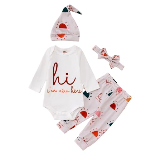 Image of CM C&M WODRO Newborn Baby Girl Boy 4PCs Outfit Hi I'm New Here Print Long Sleeve Romper Top Pants Hat Headband Clothes Set