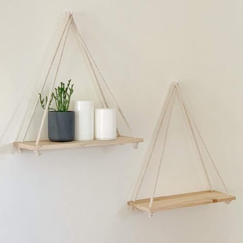 RichVibe Étagère murale suspendue rustique en bois recyclé avec crochets en corde, décoration bohème, plantes, livres, finition naturelle, pour L 45 x 14...