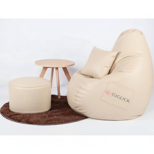 Image of 4XL Bean Bag Chair with Footrest & Cushion | Pre-Filled Beans | PVC Leatherette Lounger Sofa | Indoor & Outdoor Bean Bag with Pocket & Handle | Double Stitching | 6 Months Warranty Color- (Cream)