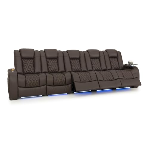 Image of Seatcraft Diamante Brown Italian Leather Home Theater Seating, Zero Gravity Power Recliner Gaming and Home Office Chair, Powered Headrest Lounge Sofa Furniture for Cinema Room, Row of 5 Middle Sofa