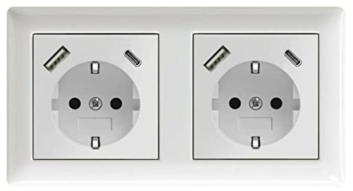 230 V Steckdose mit 1 x USB-A & 1 x USB-C max. 3.400 mA Schuko Wandsteckdose Unterputz passend für Gira System 55 E2 Reinweiß glänzend Weiß (Doppel-Steckdose)