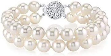 THE PEARL SOURCE Sterling Silver 6-7mm AAA Quality Round White Freshwater Cultured Pearl Double Strand Bracelet for Women