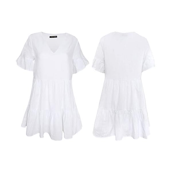 FANCYINN Womens White Cute Shift Dress Short Bell Sleeve Ruffle Hem V Neck Loose Swing Tunic Mini Dress with Pockets M