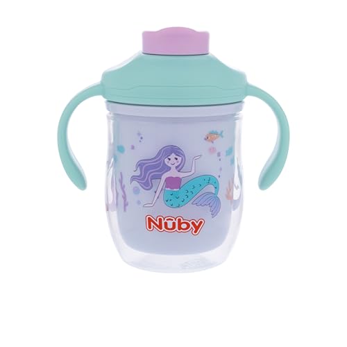 Nuby 2-in-1 Insulated Toddler Cup with 360° Weighted Straw & Hard Spout, 7 oz | Leak-Resistant, Easy Grip Handles, Keeps Drinks Cool for Baby & Toddler Hydration On-the-Go, Mermaids