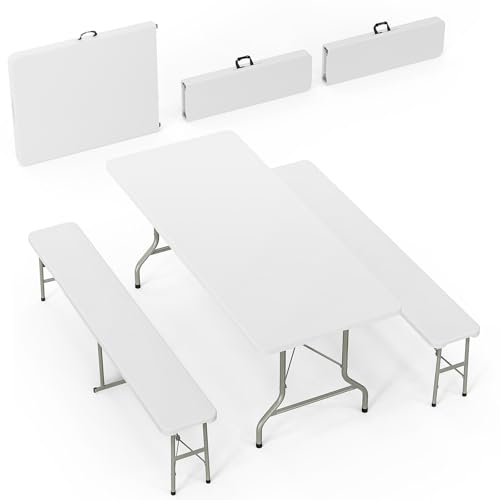 Bonnlo White Folding Picnic Table Set with 2 Benches 6 Feet Camping Table Chair Set Modern Portable 3-Piece Furniture for Indoor/Outdoor Use White Folding Picnic Table with Smooth Tabletop
