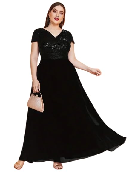 Plus Size Evening Gown, V-Neck Sequin Bodice, Black Maxi Dress with Short Sleeves