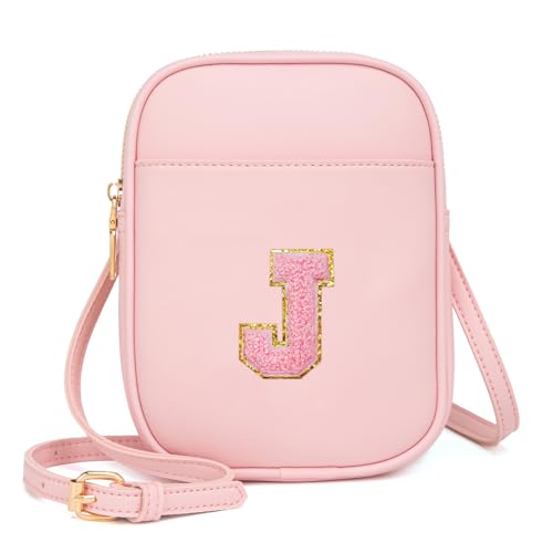 Toddler Purse Initial Crossbody Bags for Girls 3 Pockets PU Leather Cross Body Bag Crossbody Purse Handbag Personalized Preppy Teen Girl Gifts Trendy Stuff (Light Pink J)