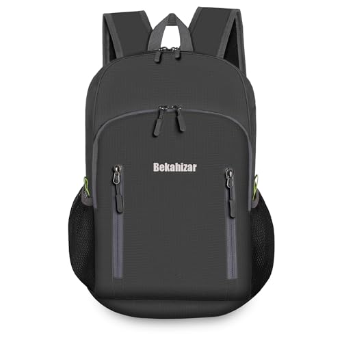 Bekahizar 20L Faltbarer Rucksack Ultra Leichter Wandern Daypack Wasserfest Kleiner Reiserucksack Tasche für Männer Frauen Kinder Outdoor Sports Camping Reisen Jogge Radfahren Klettern (schwarz)