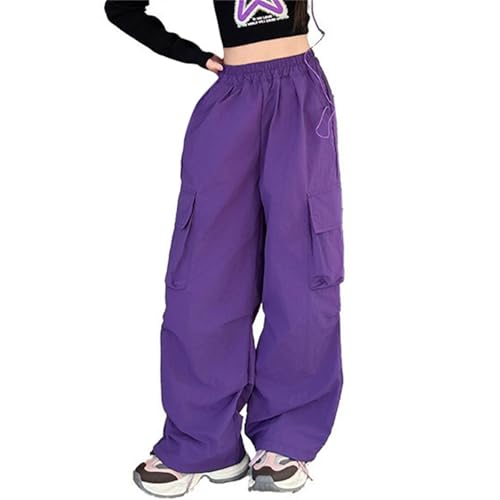 Moonker Girls Solid Color Cargo Pants Wide Leg Elastic High Waisted Straight Casual Joggers Baggy Cool Woolen