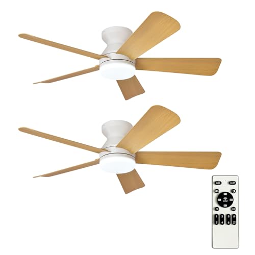 Image of Depuley 42-Inch Ceiling Fans with Lights: Indoor /Outdoor Flush Mount Ceiling Fan with Remote Control - Wood 5 Blade Low Profile Fandelier for Kitchen Gazebo - Reversible Quiet Timer - 2 Packs