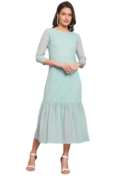 HELLO DESIGNWomen Slim Fit Round Neck 3/4th Sleeve Swiss Dot Designer Dresses