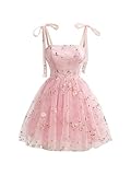 Floral Jacquard Off-The-Shoulder Tie Design Cute Fluffy Dress (US, Alpha, X-Large, Regular, Regular, Pink)