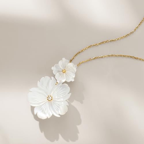 Ross-Simons Mother-Of-Pearl and .10 Carat White Topaz Flower Pendant Necklace in 18kt Gold Over Sterling. 16 inches3