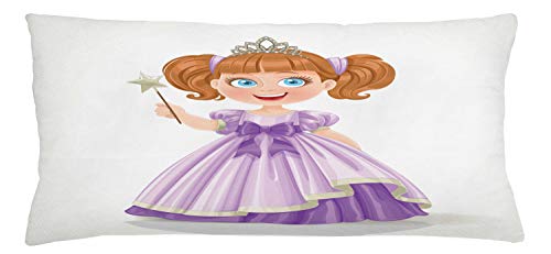 Lunarable Cartoon Throw Pillow Cushion Cover, Little Girl with Gorgeous Dress and Tiara Holding Magic Wand Royalty, Decorative Rectangle Accent Pillow Case, 36