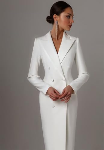 Women's Long Suit Jacket Dress Formal Business Peak Lapel Double Breasted Buttons Blazer2