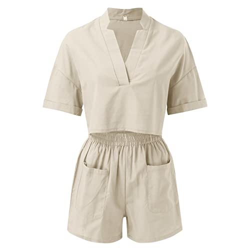 Conjunto de duas peças de linho casual moda férias feminino conjunto de linho calça curta manga curt