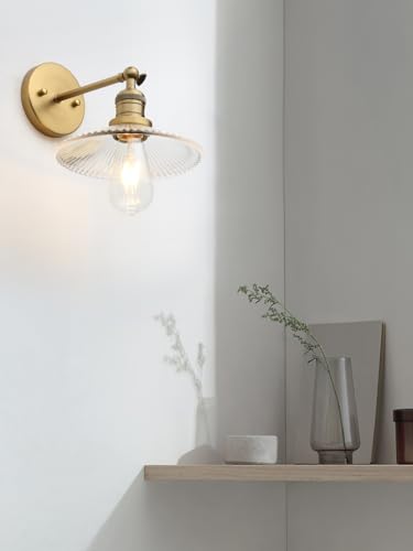 Image of Industrial Vintage Wall Sconce 1-Light with Funnel Ribbed Clear Glass Shade, Indoor Wall Mounted Lamp Fixture for Living Room Bedroom Bathroom Over Kitchen Sink