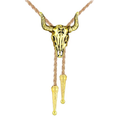 Image of GelConnie Longhorn Bull Bolo Tie for Men Native American Western Cowboy Leather Necktie Bolo Necklace for Women Gold Texas