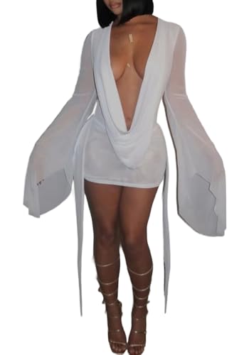 NRTHYE Women Sexy Mesh Mini Dress Draped Cowl Neck Backless Long Sleeve Cover Up Beach Cocktail Dresses