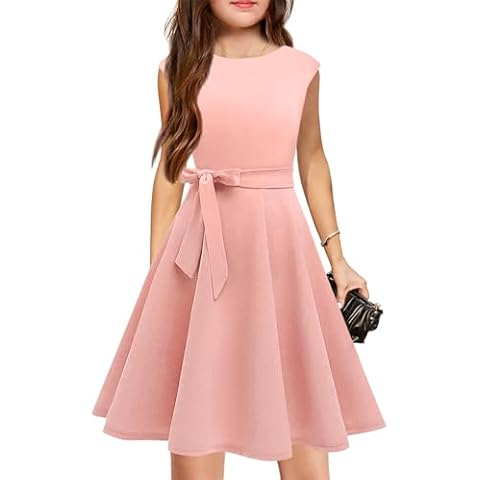 WIFFGO Girls Crew Neck Dresses Short Sleeve Midi Knee Belt Pleated Modest Big Kids A-Line Flowy Dresses for Girls Blush Pink Cover