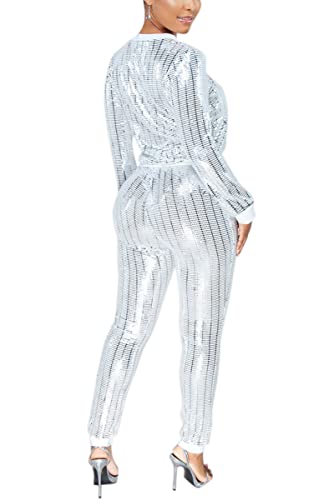 Womens Tracksuits Set Sweatsuits Shiny Round Neck Pullover And Bodycon Sweatpants Jumpsuits #TOP1