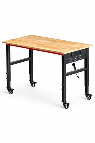 VekMax 48 Workbench with Wheels Adjustable Height Workbench with Power Strip & Pegboard 2000LBS Solid Wood Top Work Table with Reinforced Steel Frame for Garage Workshop Office Home