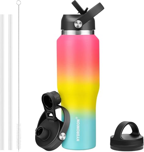 Image of 40 oz Insulated Water Bottle with Straw fit in Car Cup Holder(Cold 48 hrs, Hot 24 hrs) Drinking Bottle with Straw Lid, Spout Lid and Flex Cap Leakproof Travel Thermo Mug，Red - Yellow - Blue