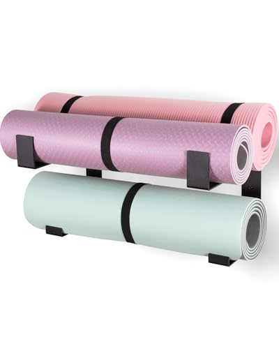RoakyRoasy Yoga Mat Holder with Protective Padding Wall Mount Steel Storage Rack, 2 Tier Adjustable Width Hanger for up to 4 Foam Rollers, Easy Installation