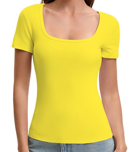 OYIGELZ Tshirt Damen Quadratischer Ausschnitt T-Shirt Eng Basic Top Einfarbig Kurzarm Shirt(Gelb-F1,S)