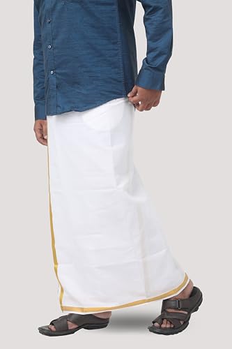 Image of Adjustable Velcro with Pocket Cotton Dhoti with Gold Jari Border, For Men (28 to 44 inches)