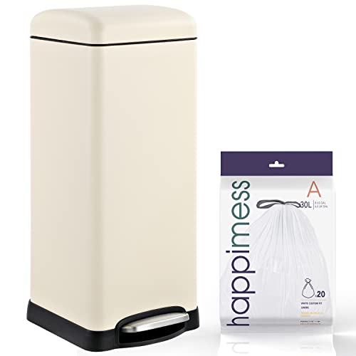 Image of happimess HPM1007F Betty Retro 8-Gallon Step-Open Trash Can with Soft-Close Lid, Fingerprint Resistant, Modern, Minimalistic for Home, Kitchen, Laundry Room, Office, Bedroom, Bathroom, Almond