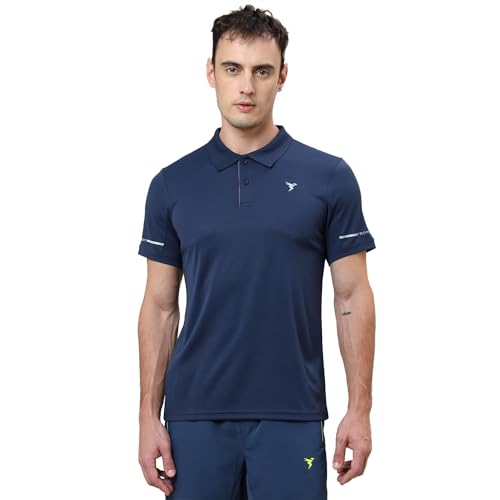 Image of TECHNOSPORT Men's Solid Slim Fit Polo Collar T-Shirt TECHNOCOOL+ Half Sleeve Button Polyester for Gym Running Workout UPF50+ Anti Odour